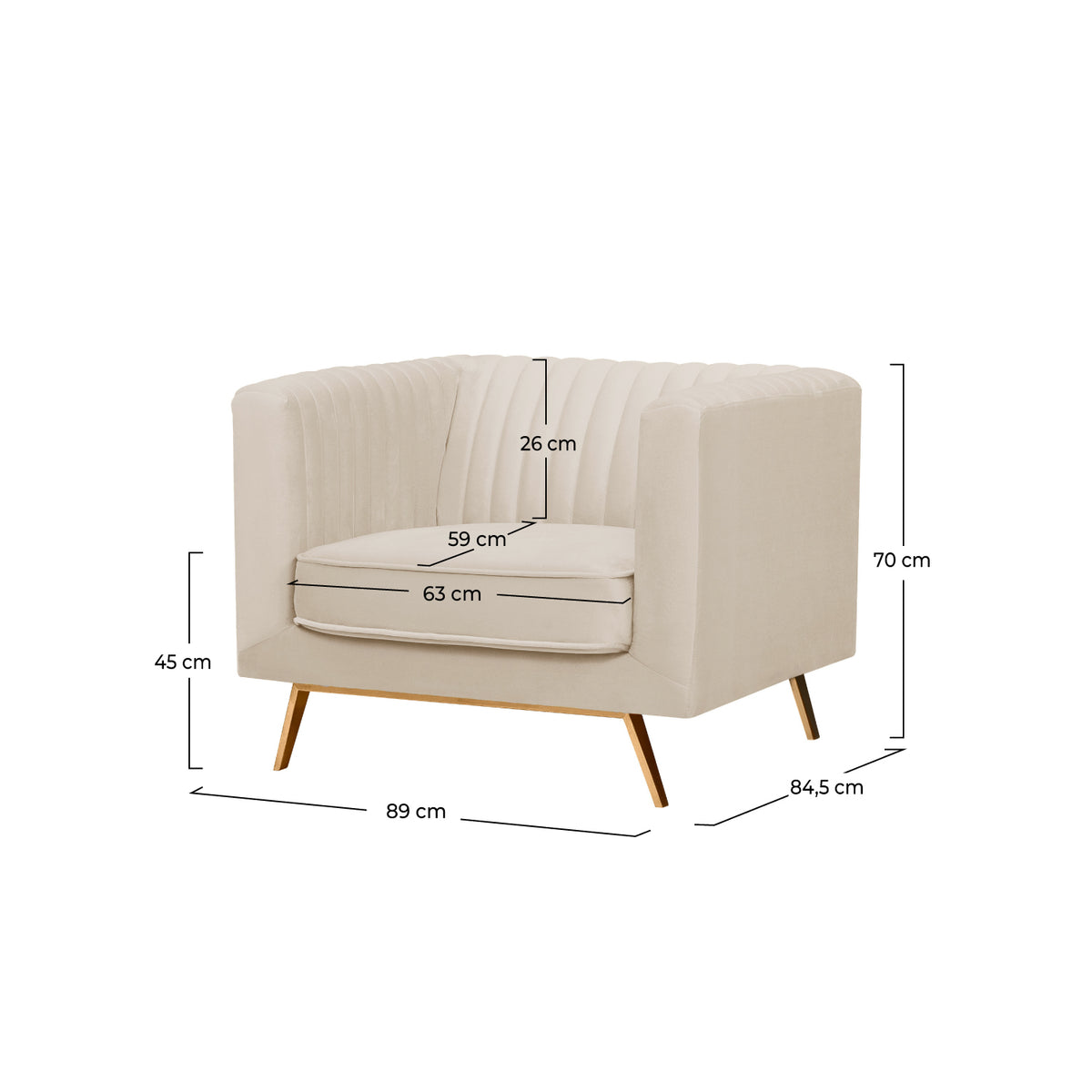 Fauteuil Gatsby velours beige dimensions schéma – Maison Pavane