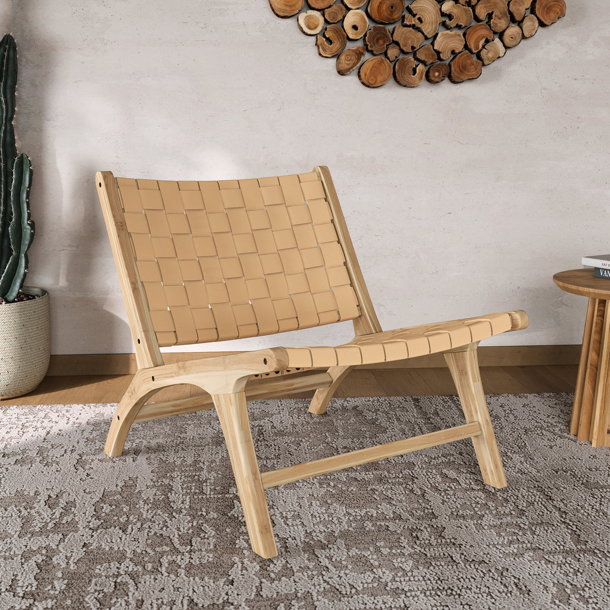 fauteuil kuna en teck et cuir tresse beige confort