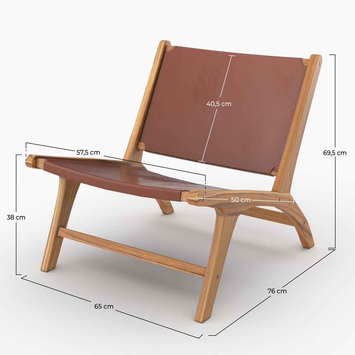 Dimensions du fauteuil Kuna en teck et cuir lisse marron - Maison Pavane