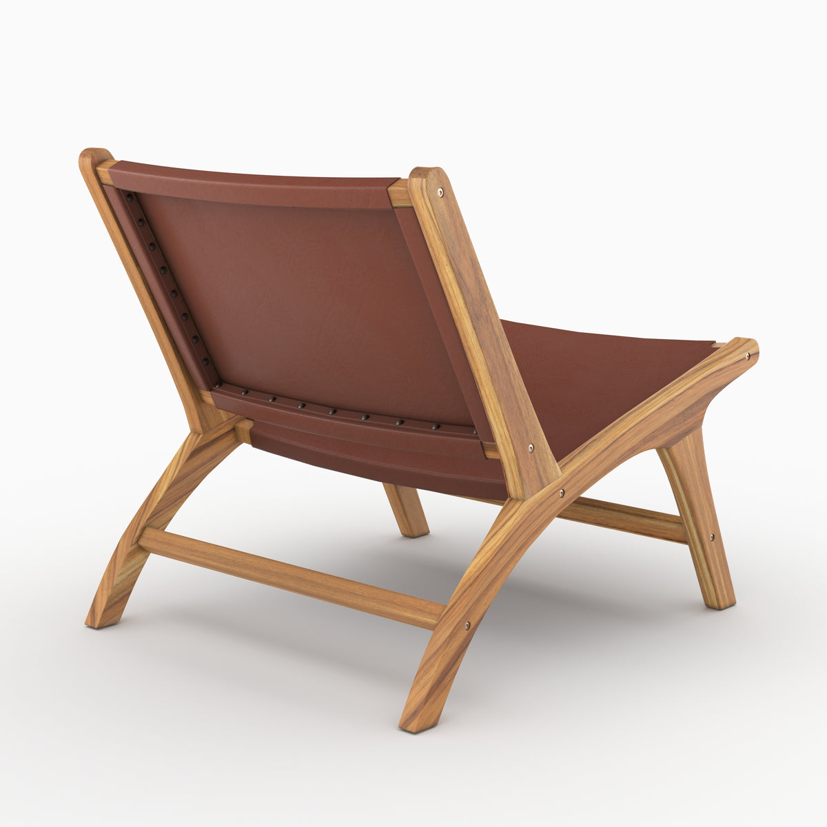 Fauteuil Kuna en teck et cuir lisse marron vu de trois quarts arrière - Maison Pavane