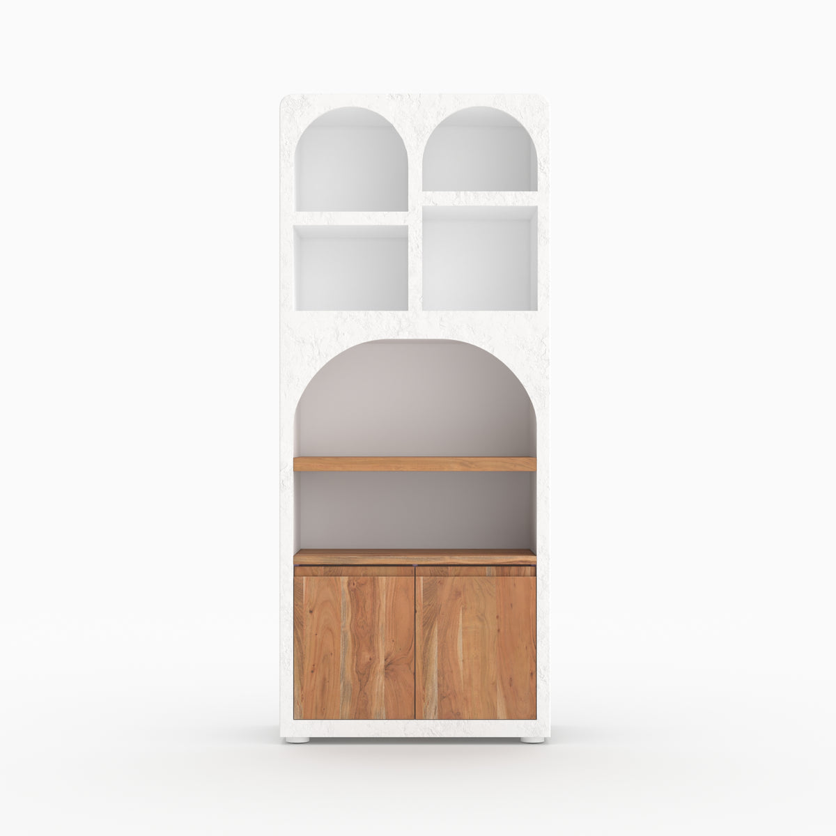 Fira bibliotheque plâtre blanc ivoire niche grecque bois acacia vue face
