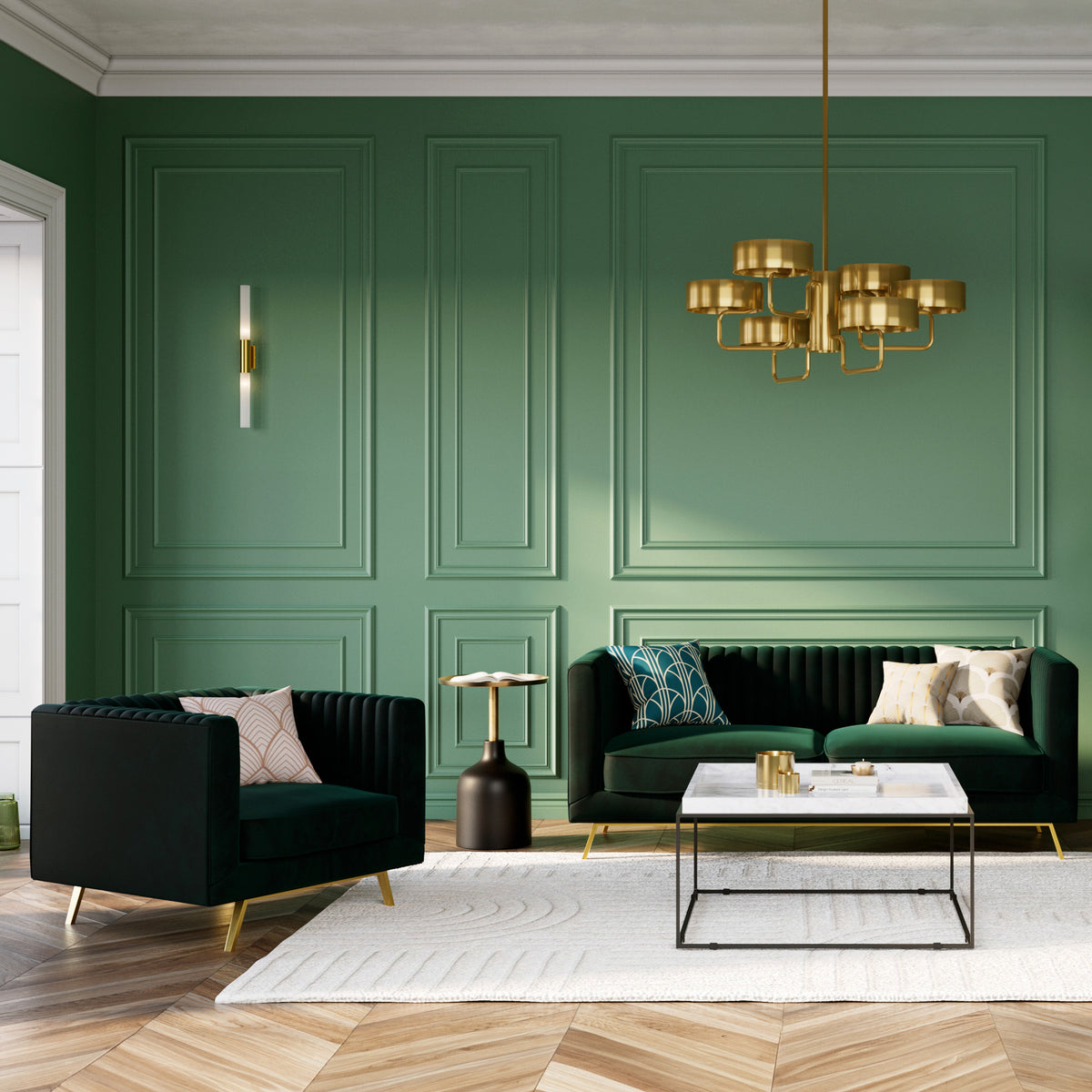 gatsby fauteuil en velours vert pieds dores ambiance