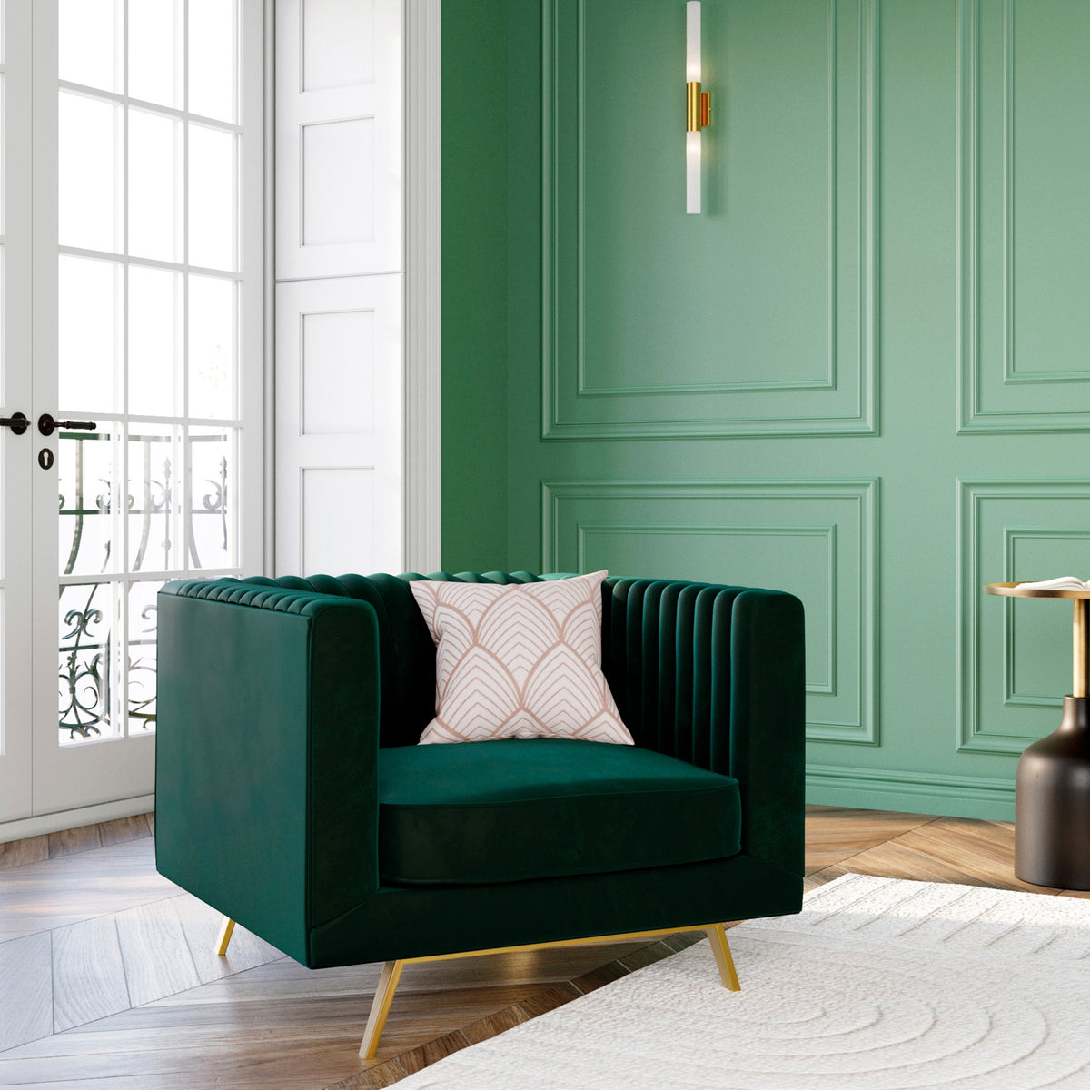 gatsby fauteuil velours vert pieds dores focus