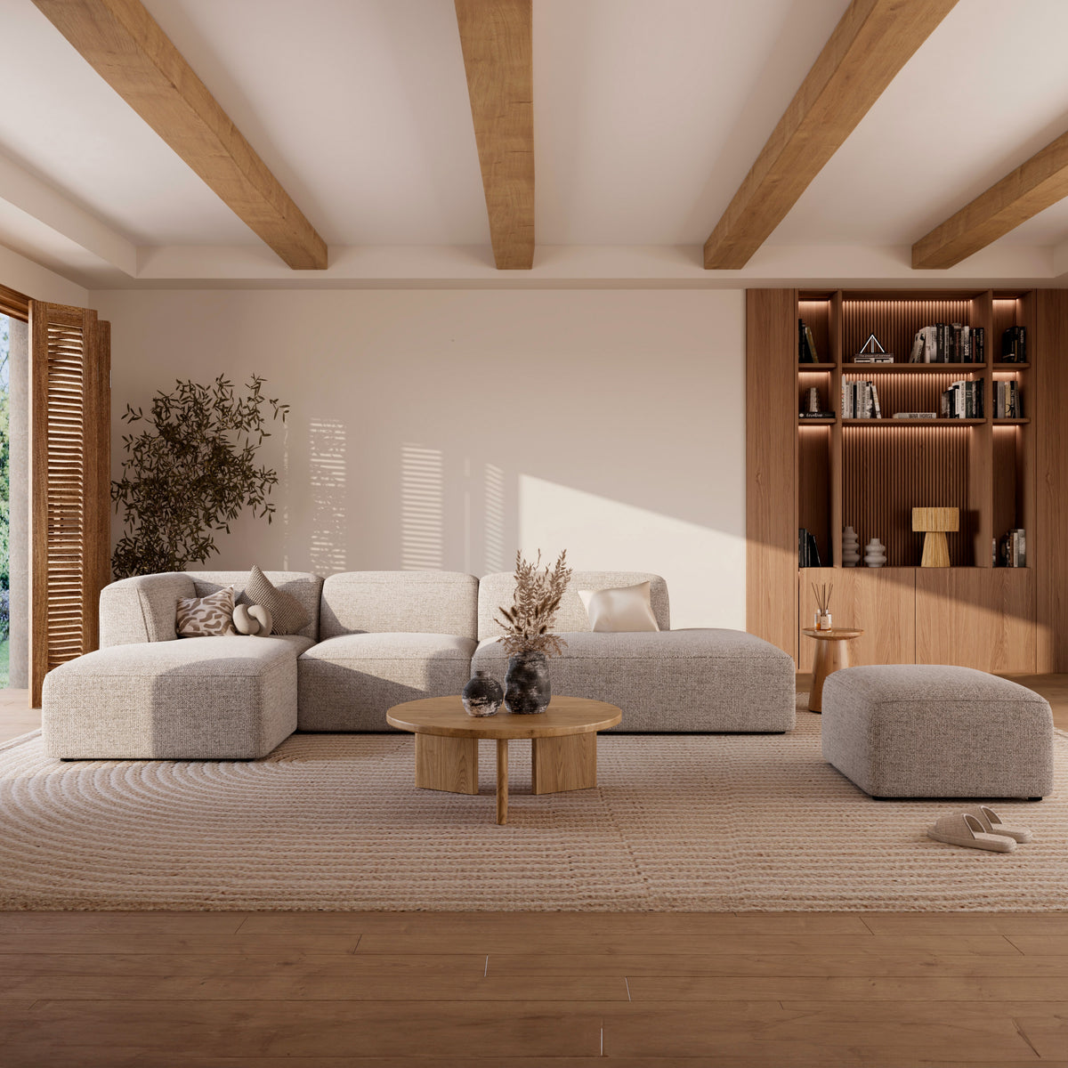 Grand canapé beige modulable tissu texture