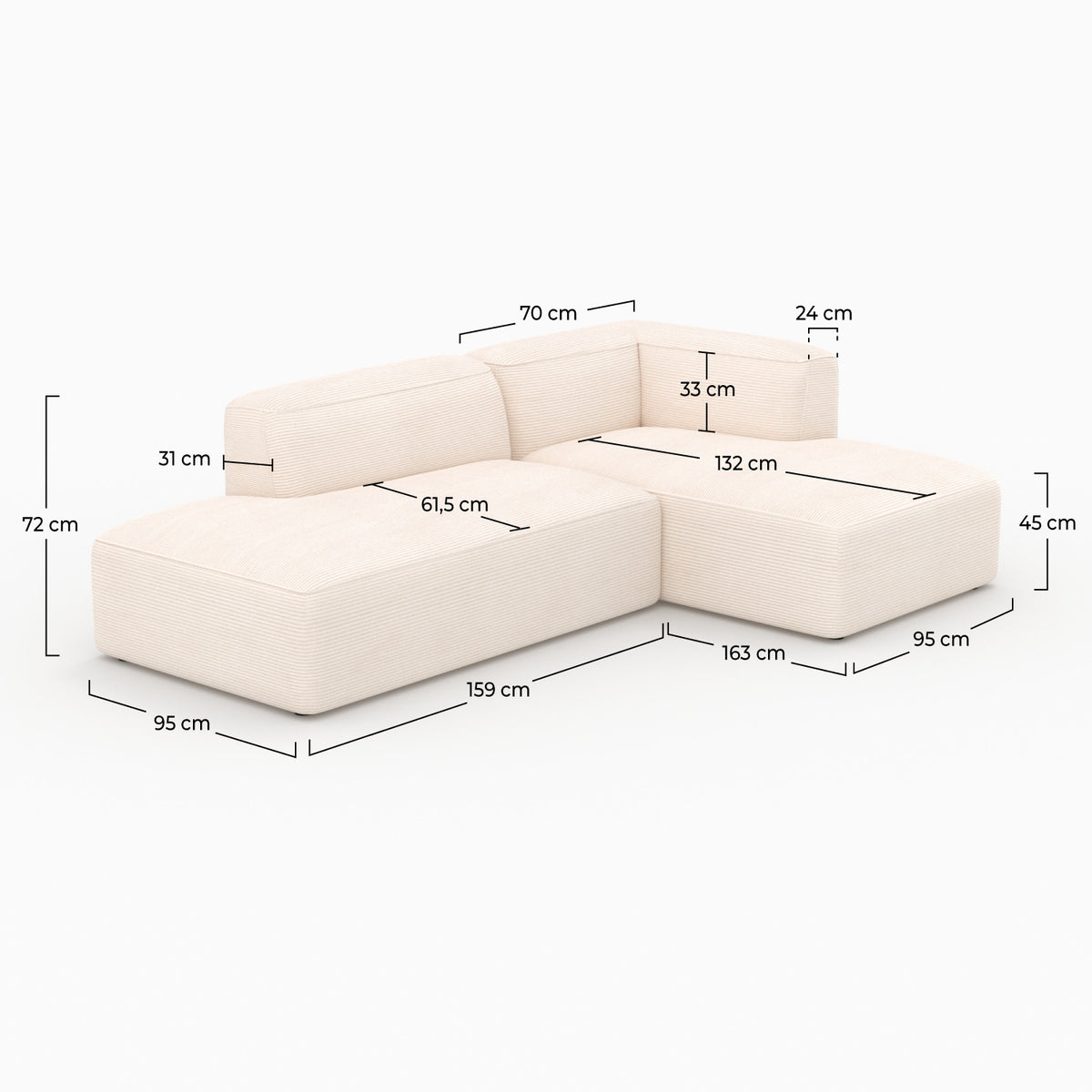 Grand canapé modulable en velours côtelé blanc 4 personnes
