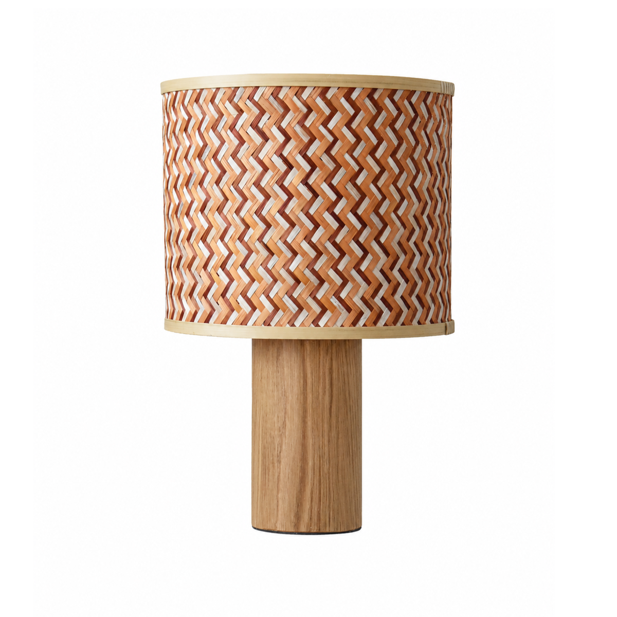 Grande lampe à poser Phil chêne bambou abat-jour chevron crème orange face – Maison Pavane