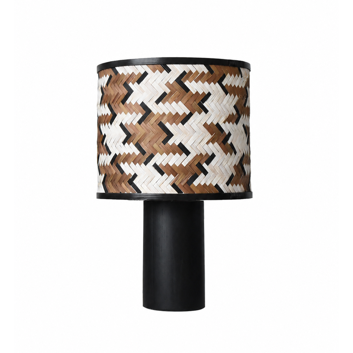 Grande lampe à poser Phil chêne bambou abat-jour chevron marron noir face – Maison Pavane