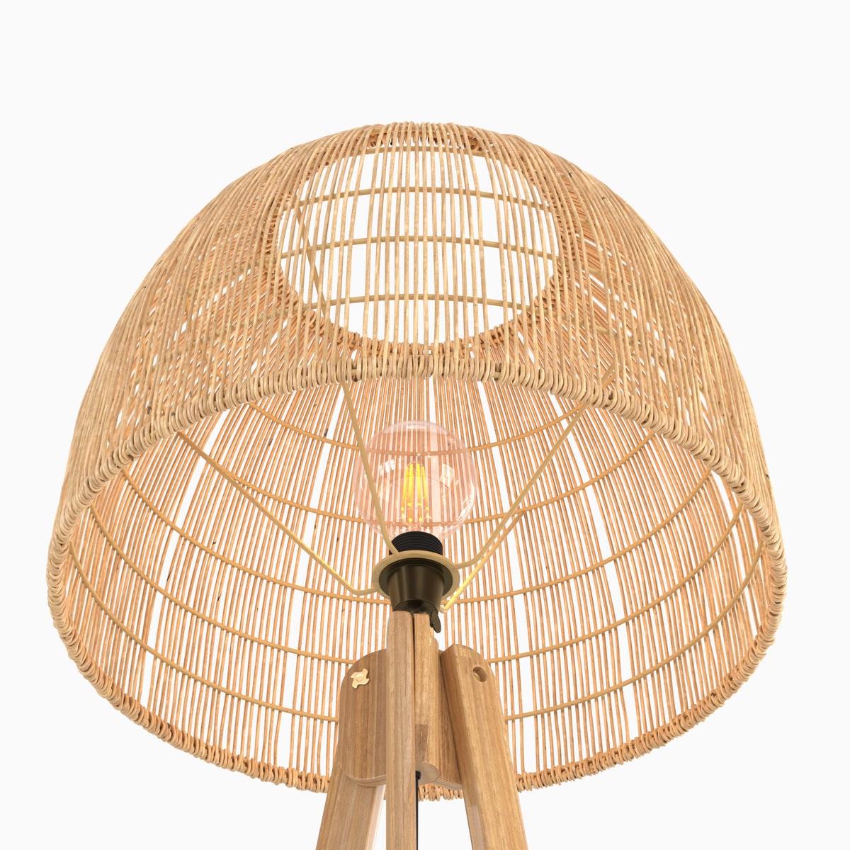 lampada da terra in legno di teak e rattan treppiede corte