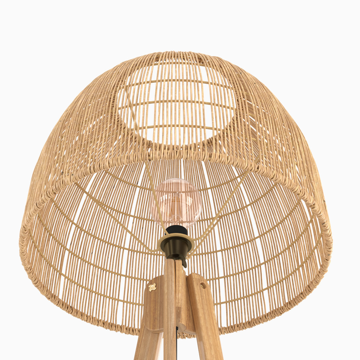 lampada da terra in legno di teak e rattan treppiede corte