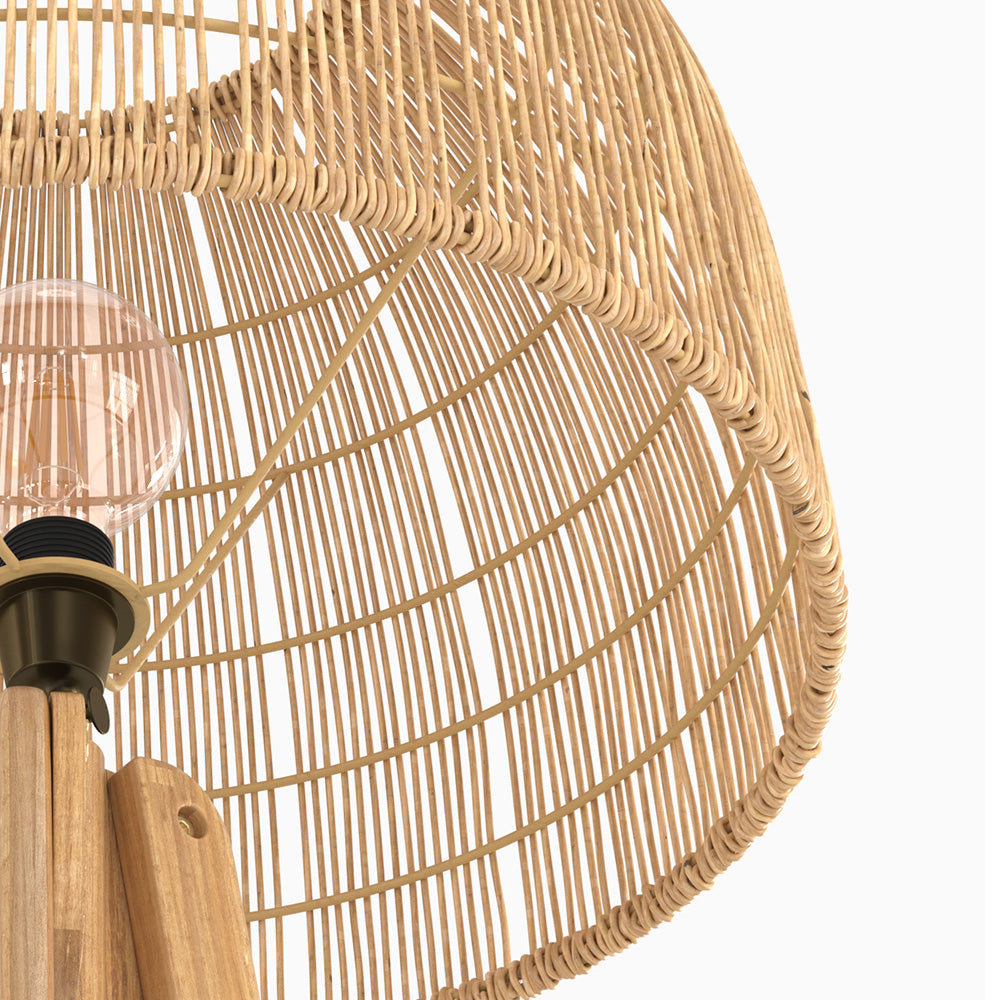 lampada da terra corte in legno di teak e rattan con treppiede
