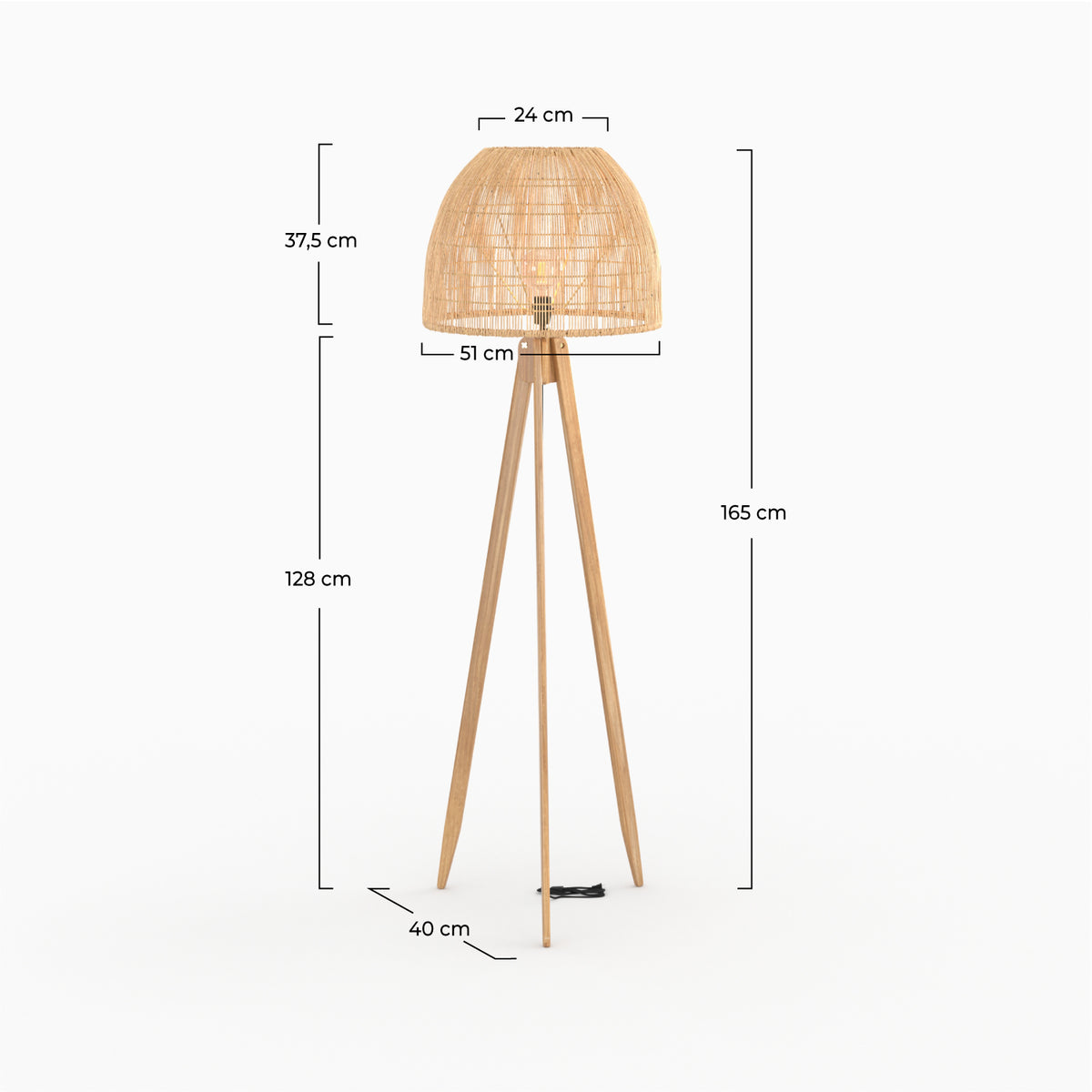 lampada da terra corte in legno di teak rattan treppiede