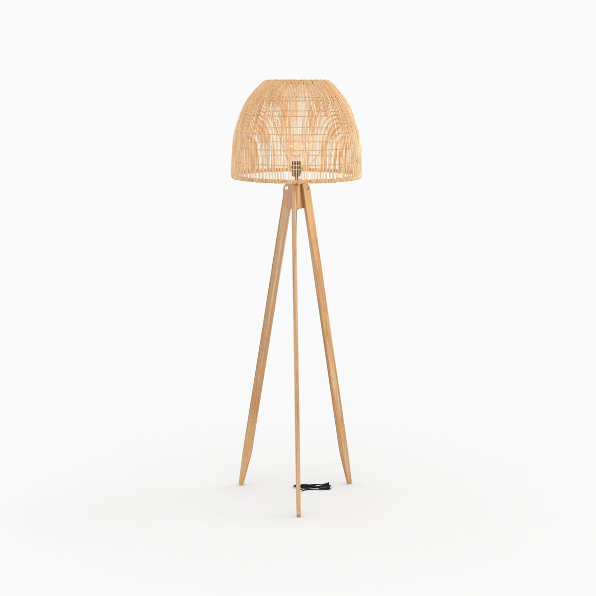 lampadaire en bois de teck et rotin trepied corte