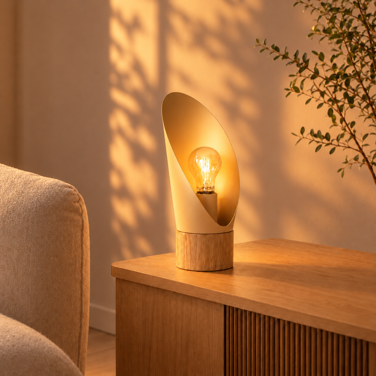 Lampe à poser allumée crème et bois – Maison Pavane