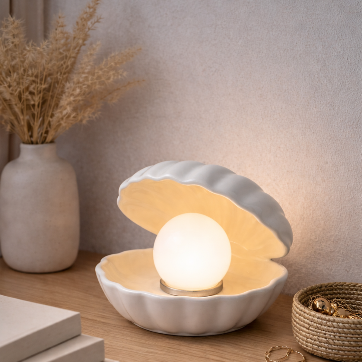 Lampe à poser coquillage ivoire perle allumée ambiance – Maison Pavane