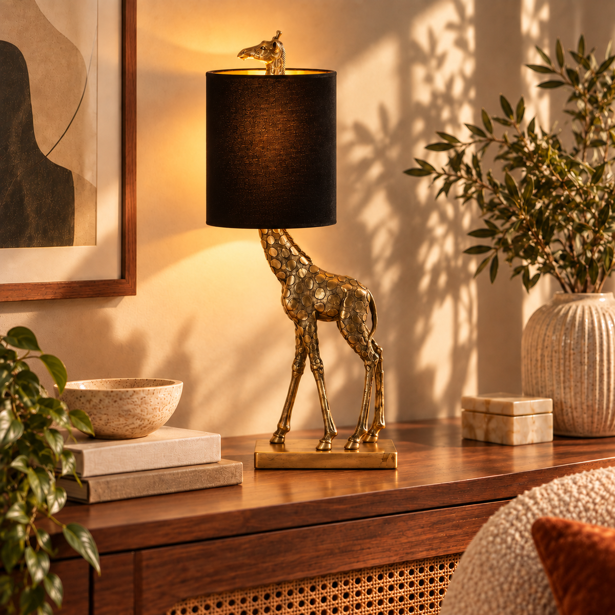 Lampe à poser Girafe en plastique bronze et velours noir, allumée sur un buffet en bois et cannage