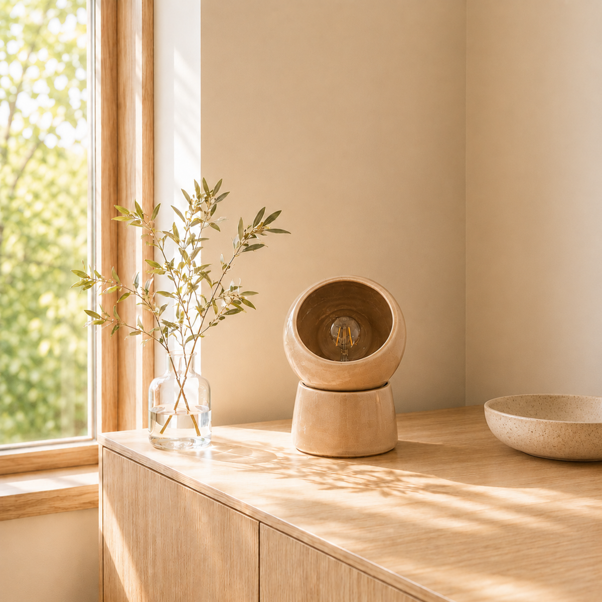 Lampe à poser Halo céramique beige ambiance buffet bois – Maison Pavane