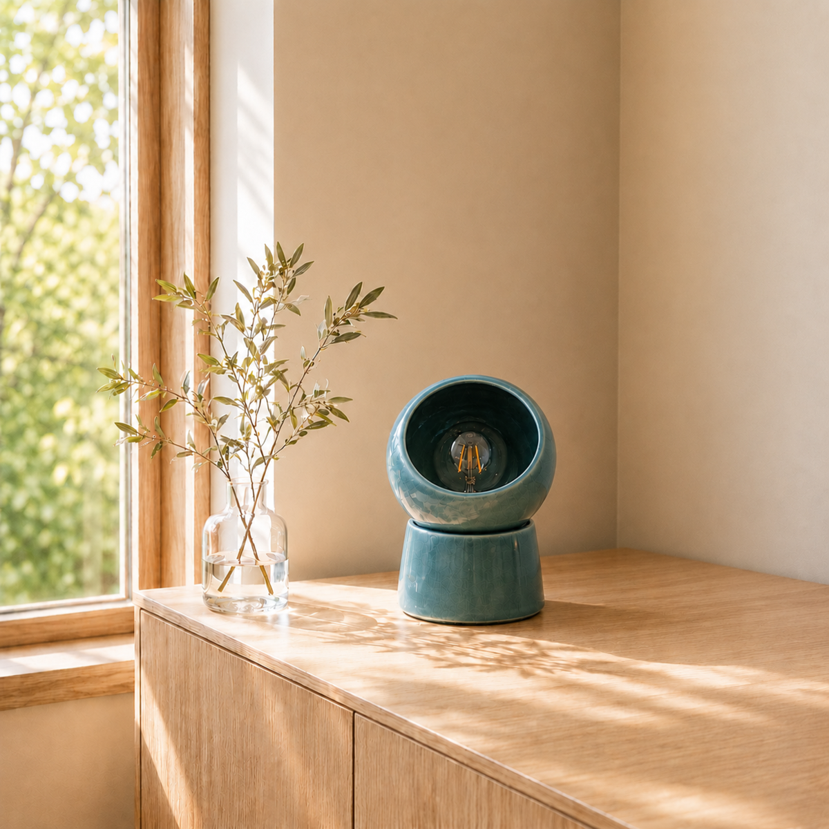 Lampe à poser Halo céramique bleu canard ambiance buffet bois – Maison Pavane