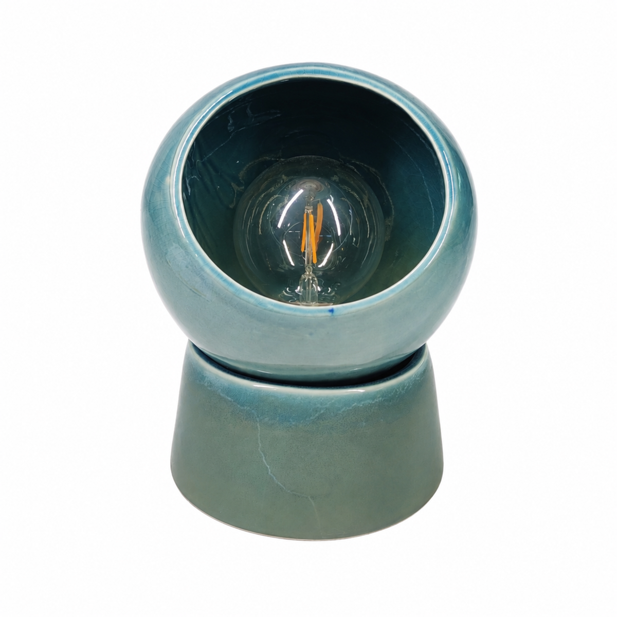 Lampe à poser Halo céramique bleu canard ampoule apparente vue face – Maison Pavane