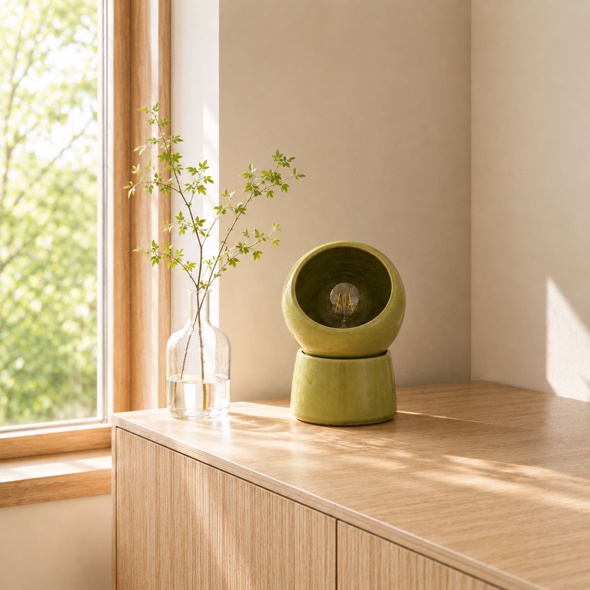 Lampe à poser Halo céramique vert olive ambiance buffet bois – Maison Pavane
