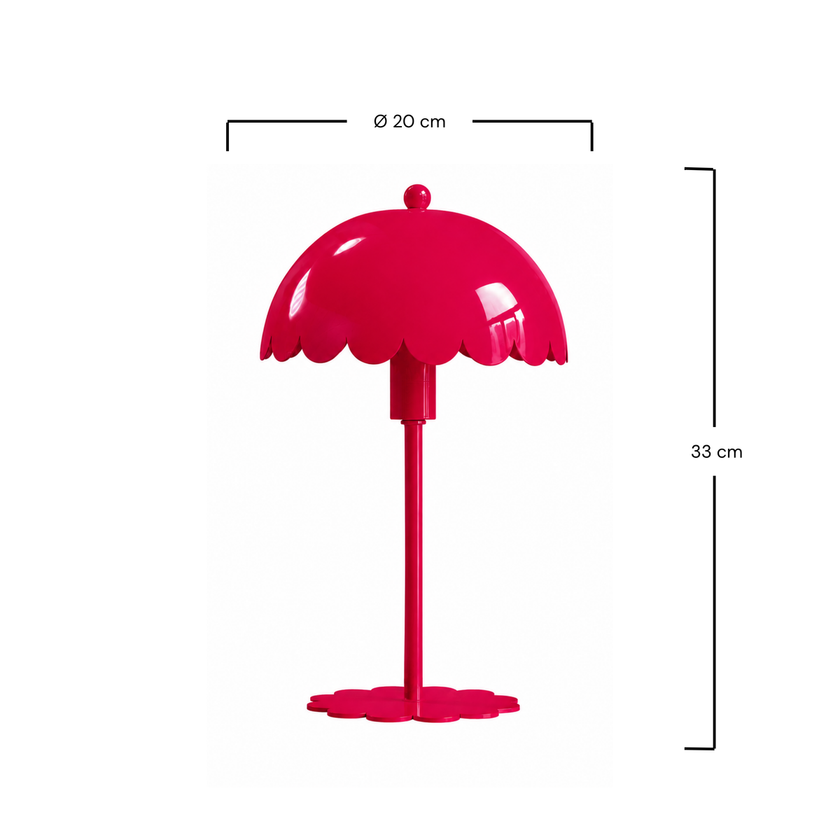 Dimensions de la lampe à poser Margot en métal framboise, diamètre 20 cm et hauteur 33 cm - Maison Pavane