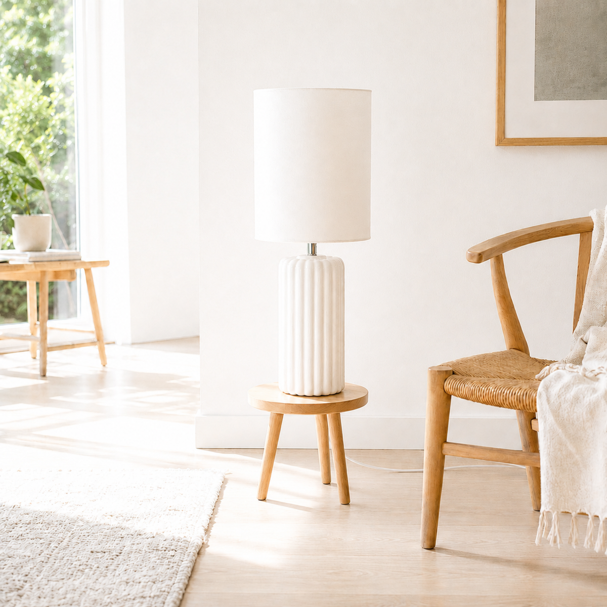 Lampe à poser Palladio céramique blanche ambiance salon tabouret bois – Maison Pavane