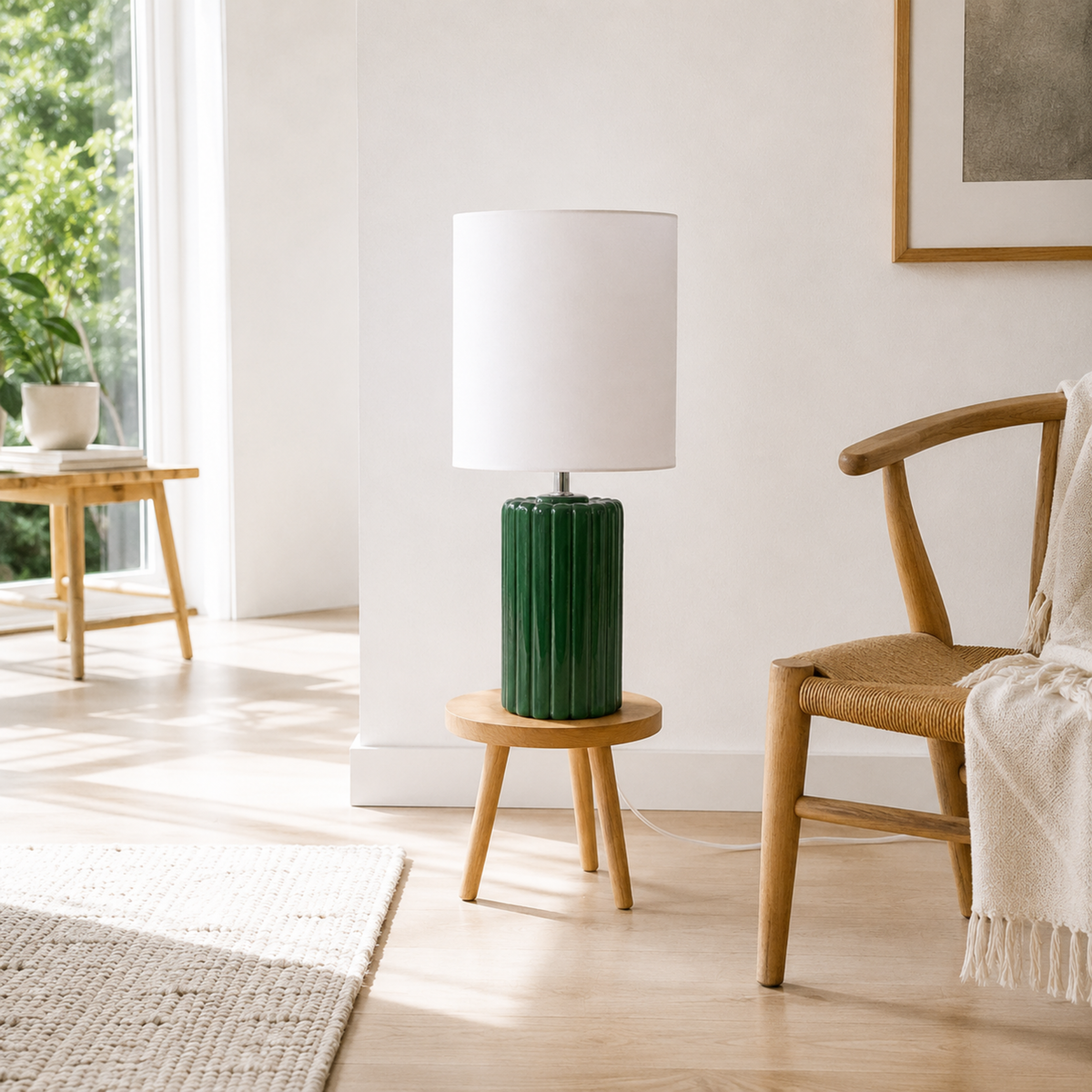 Lampe à poser Palladio céramique vert sapin ambiance salon tabouret bois – Maison Pavane