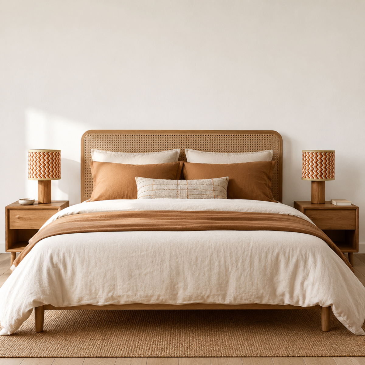 Lampe à poser Phil chêne bambou crème orange ambiance chambre duo – Maison Pavane