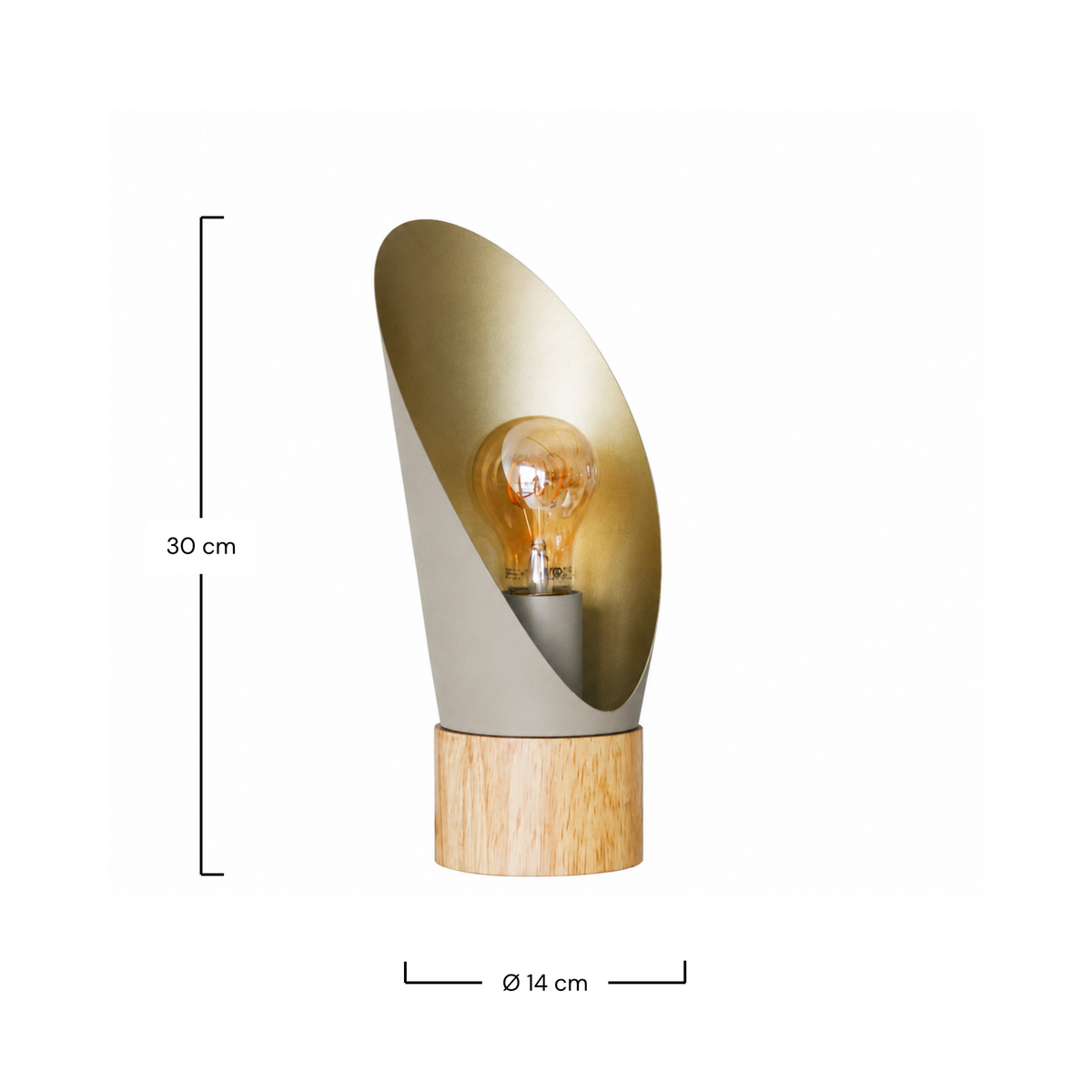 Dimensions de la lampe à poser Spoon en métal taupe et bois H30 cm - Maison Pavane