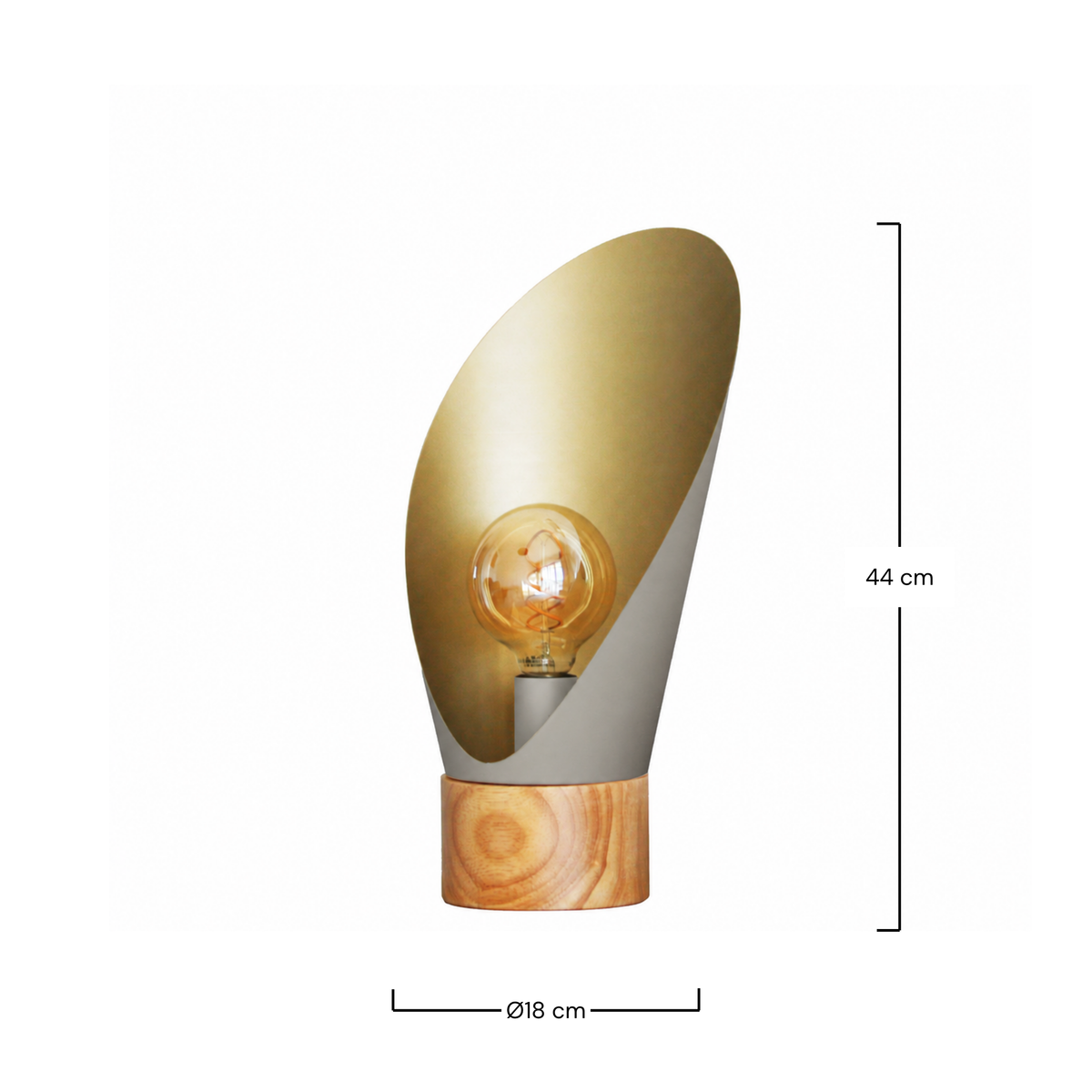 Dimensions de la lampe à poser Spoon en métal taupe et bois H44 cm - Maison Pavane