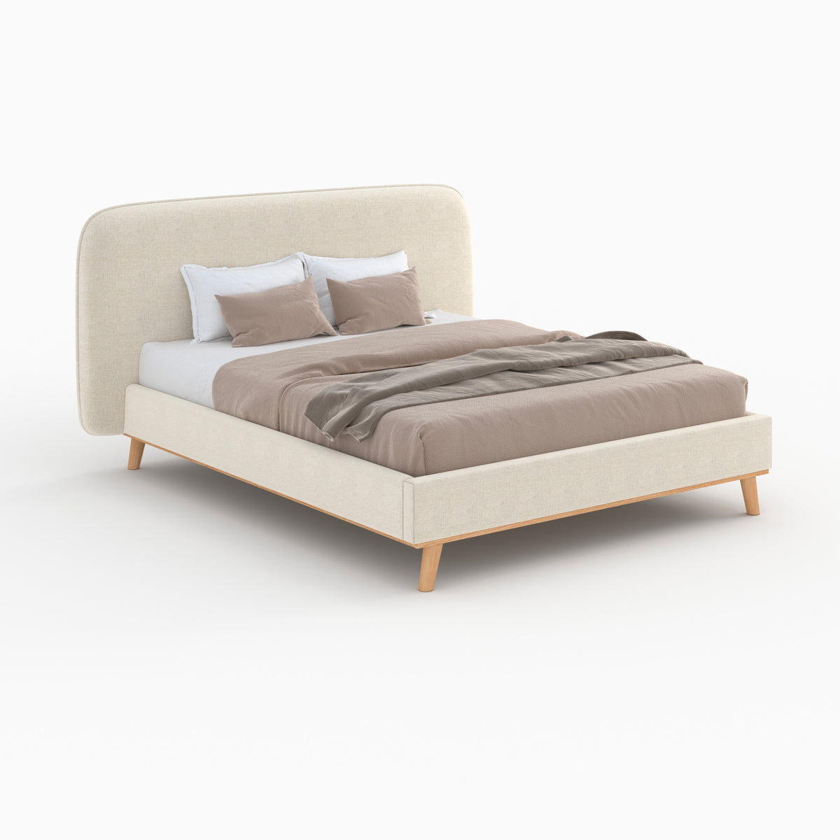 lit double beige 160 x 200 cm en tissu gris beige pieds bois modjo