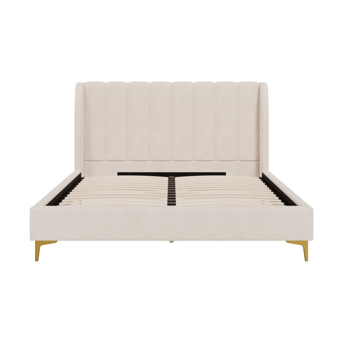 lit double koda en tissu beige et pieds dore