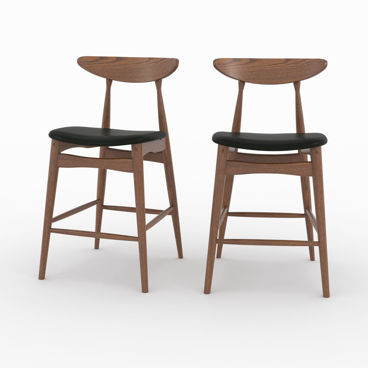 Lot 2 chaises îlot central Josette cuir synthétique noir hévéa foncé trois quarts – Maison Pavane