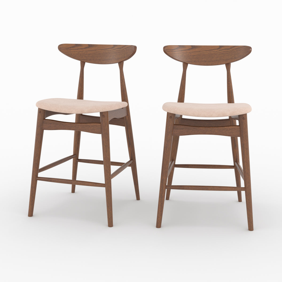 Lot 2 chaises îlot central Josette tissu beige hévéa foncé trois quarts – Maison Pavane
