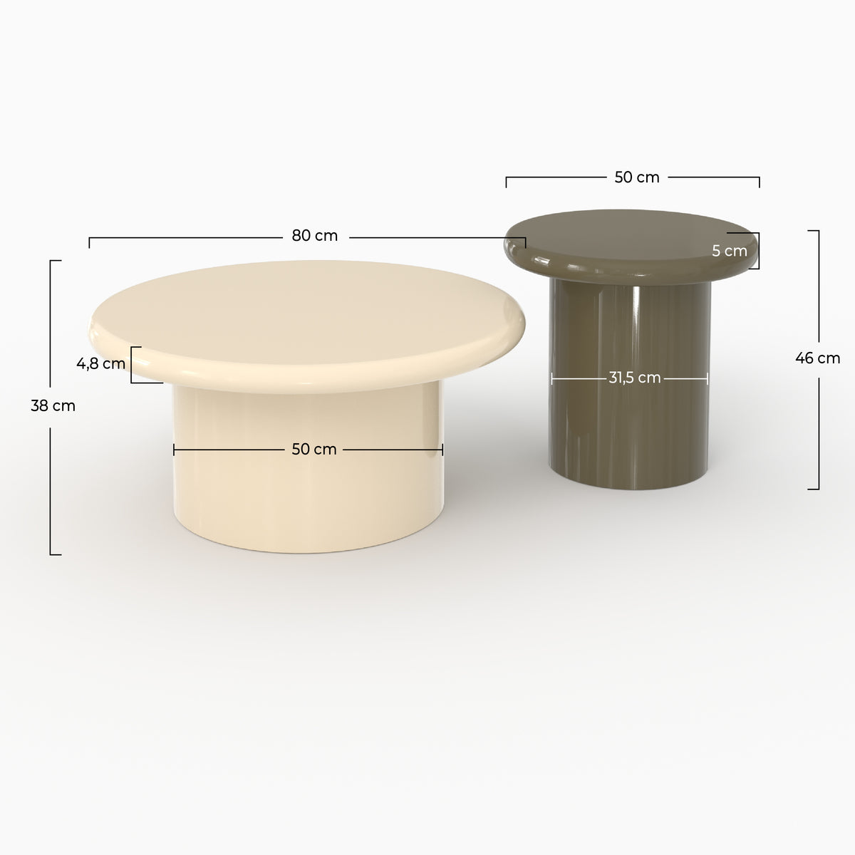 Lot 2 tables Apoline blanc vert kaki gabarit dimensions D80 D50 – Maison Pavane
