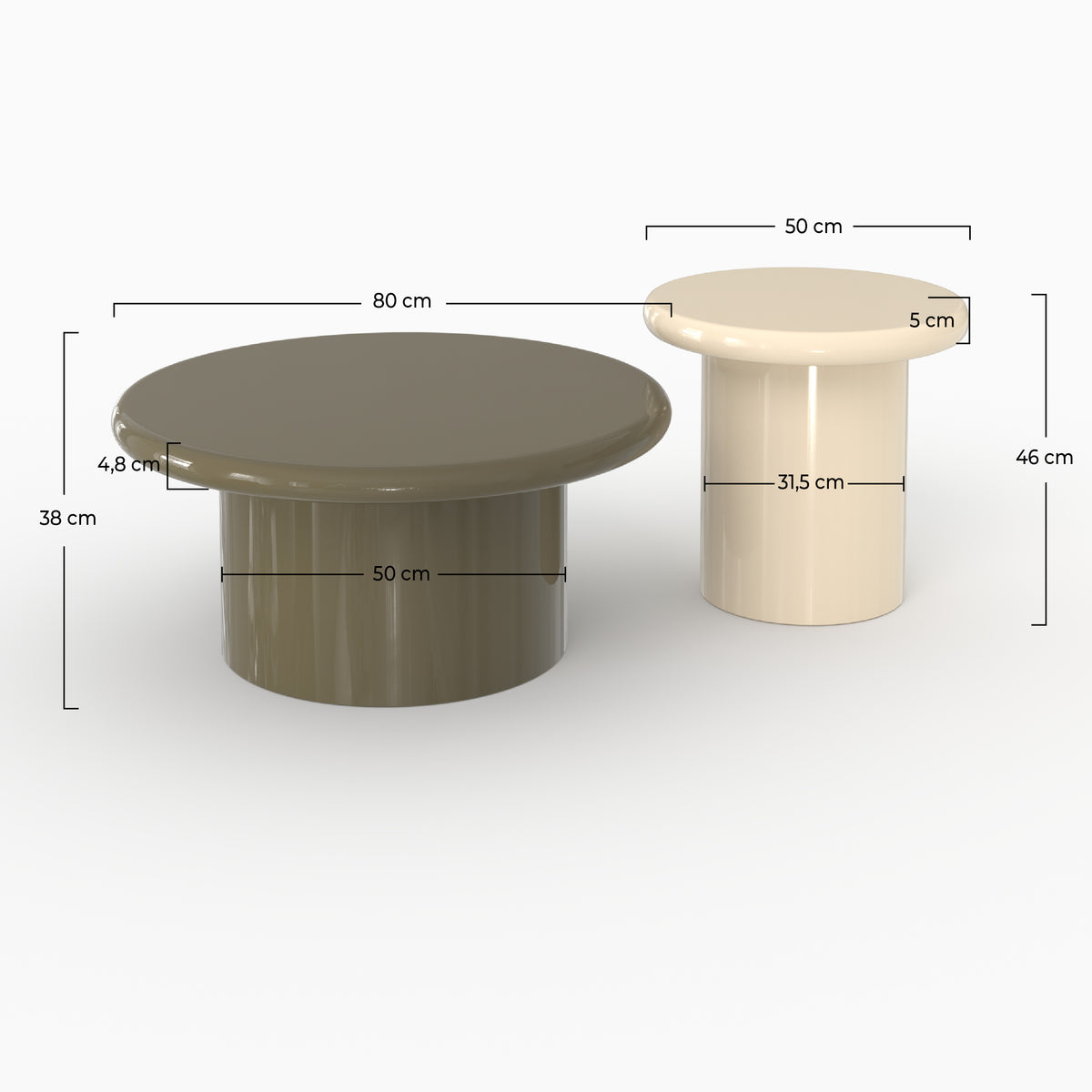 Lot 2 tables Apoline vert kaki blanc laiteux gabarit dimensions D80 D50 – Maison Pavane