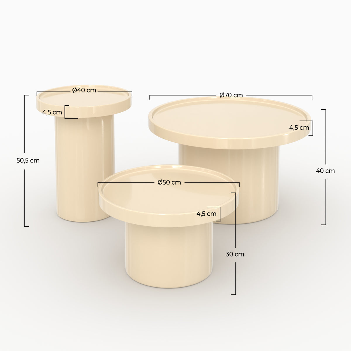 Lot 3 tables Nora laquées blanc ivoire dimensions D40 D50 D70 MDF – Maison Pavane
