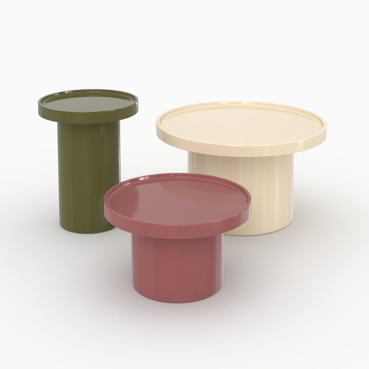 Lot 3 tables rondes Nora blanc vert olive rouge foncé MDF trois quarts – Maison Pavane