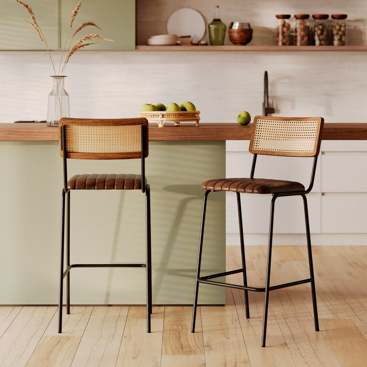 Lot de 2 chaises de bar Arsène cuir et cannage cuisine – Maison Pavane
