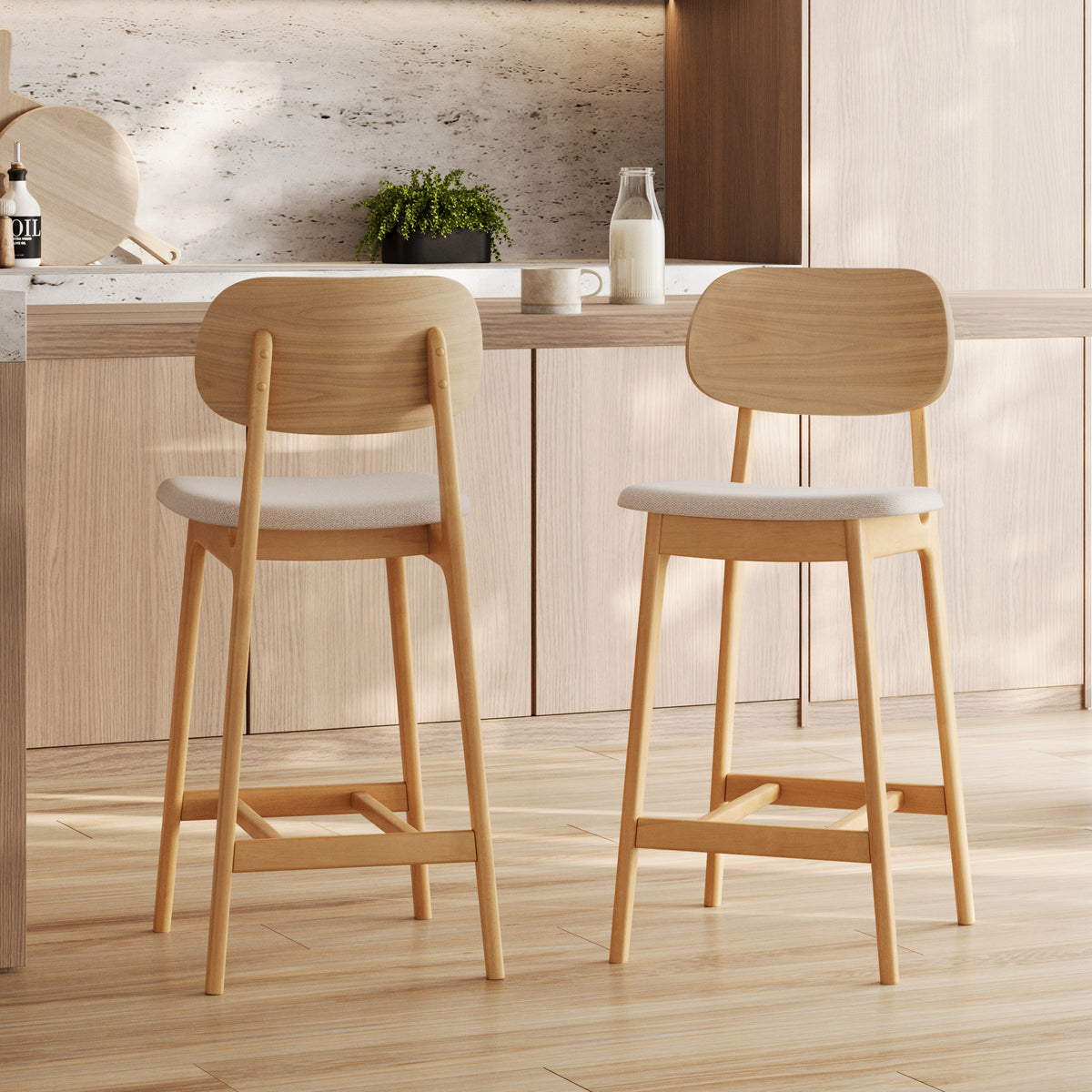 lot de 2 chaise de bar charlize 66 cm en bois clair et tissu beige