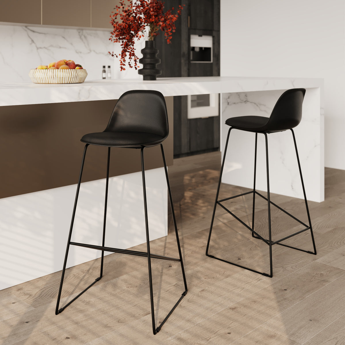 lot de 2 chaise de bar leni noire 75 cm cuir synthetique pieds traineaux