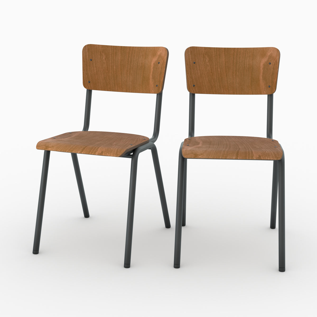 Lot de 2 chaises Clem écolier bois foncé métal noir trois quarts avant – Maison Pavane