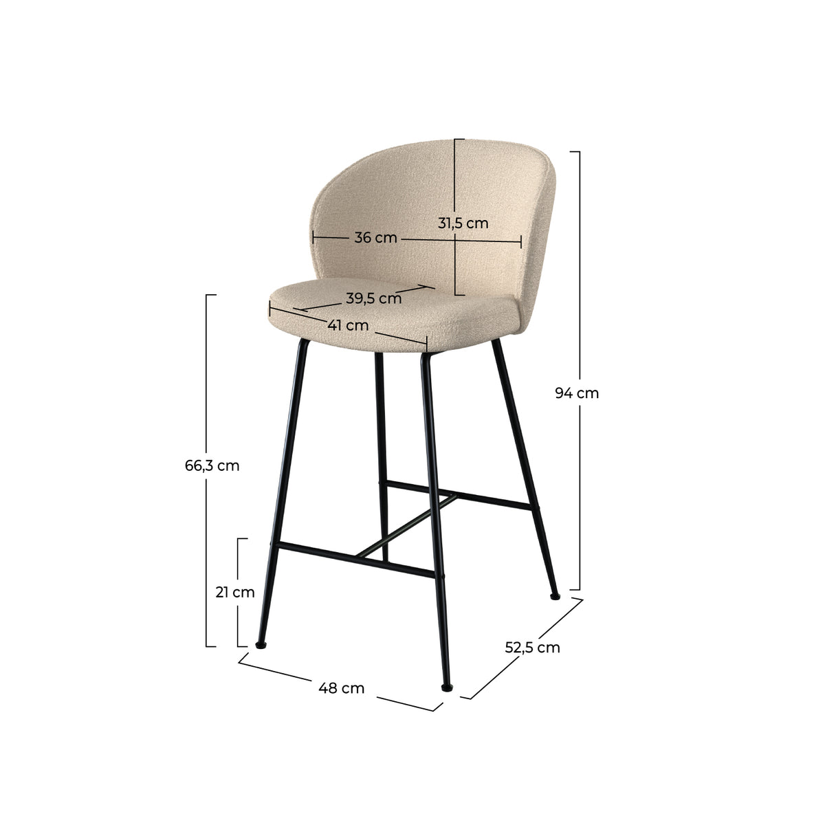 lot de 2 chaises de bar en tissu beige boucle pieds en metal noir groom