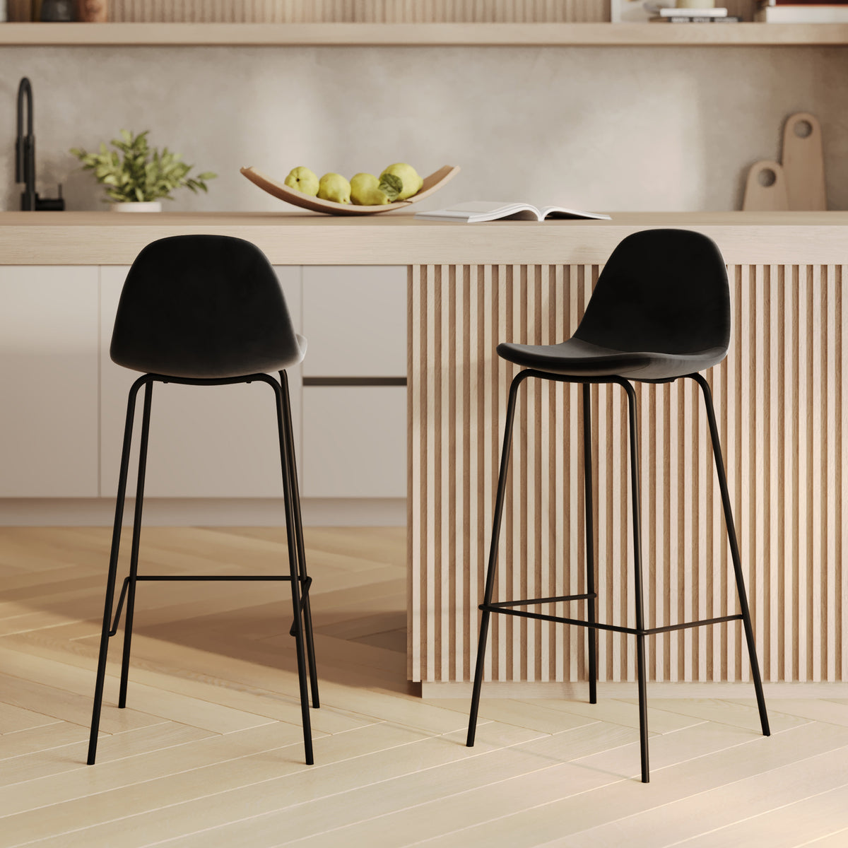 lot de 2 chaises de bar en velours noir pieds noirs henrik