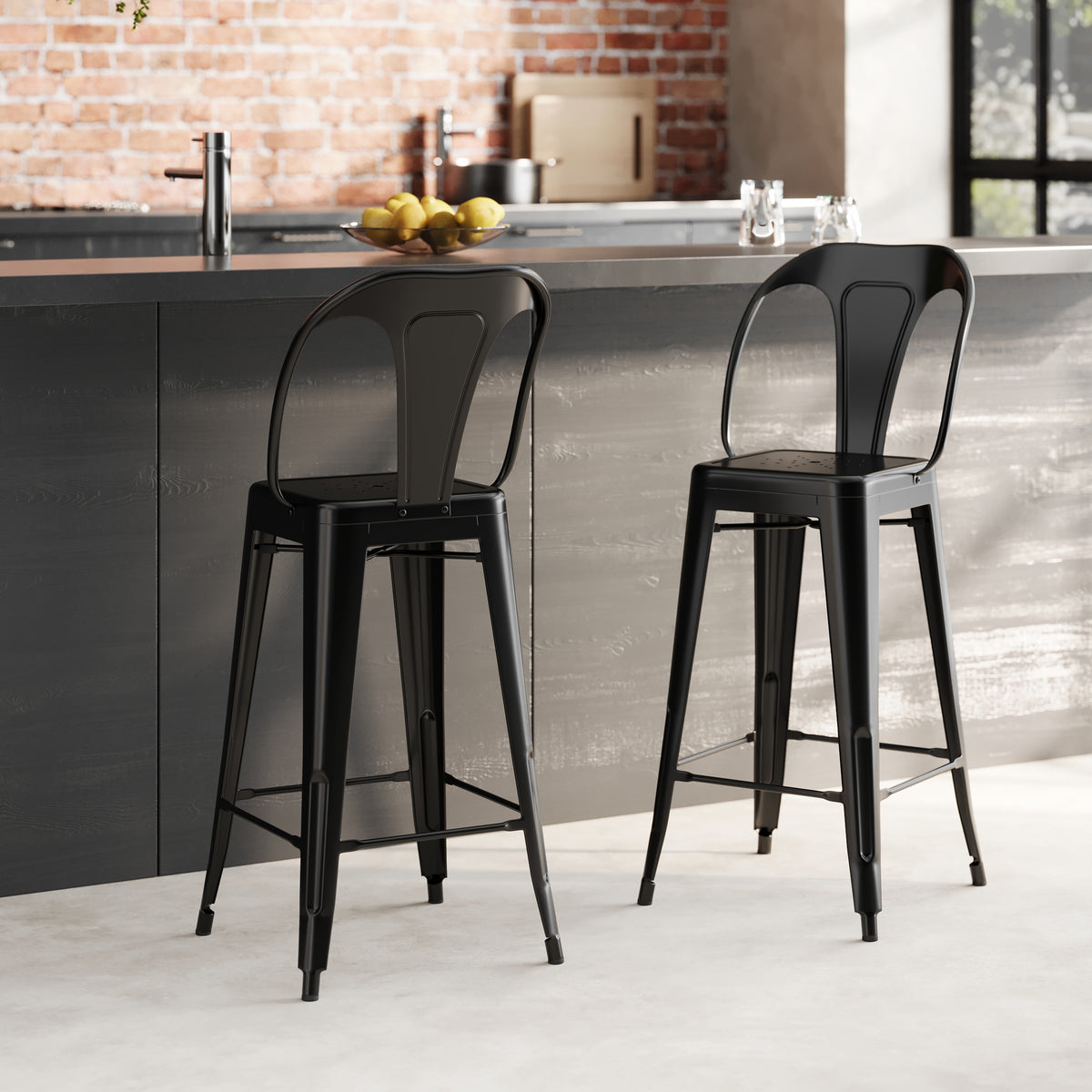 lot de 2 chaises de bar mi hauteur indus noir mat
