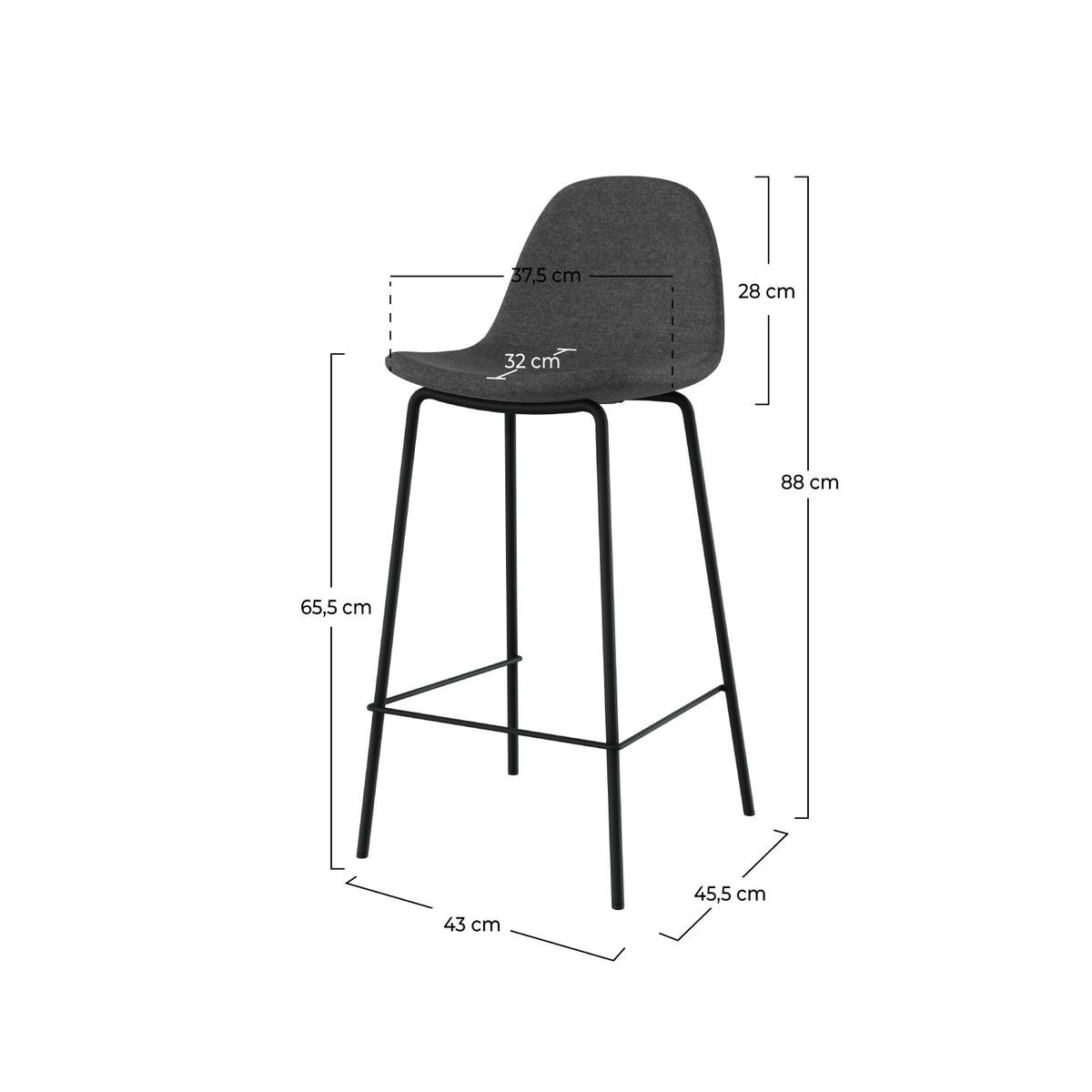 lot de 2 chaises pour ilot central henrik en tissu gris fonce chine 65 cm