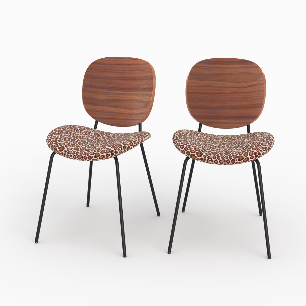 Lot de 2 chaises Simone en tissu léopard bordeaux et bois, pieds en métal noir - Maison Pavane
