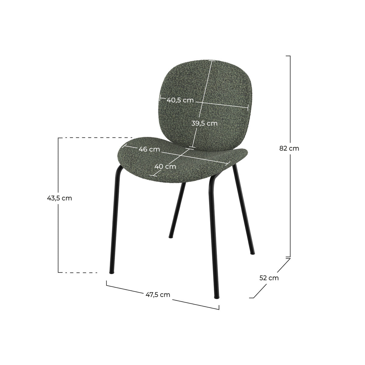 lot de 2 chaises tissu boucle vert kaki metal noir iris