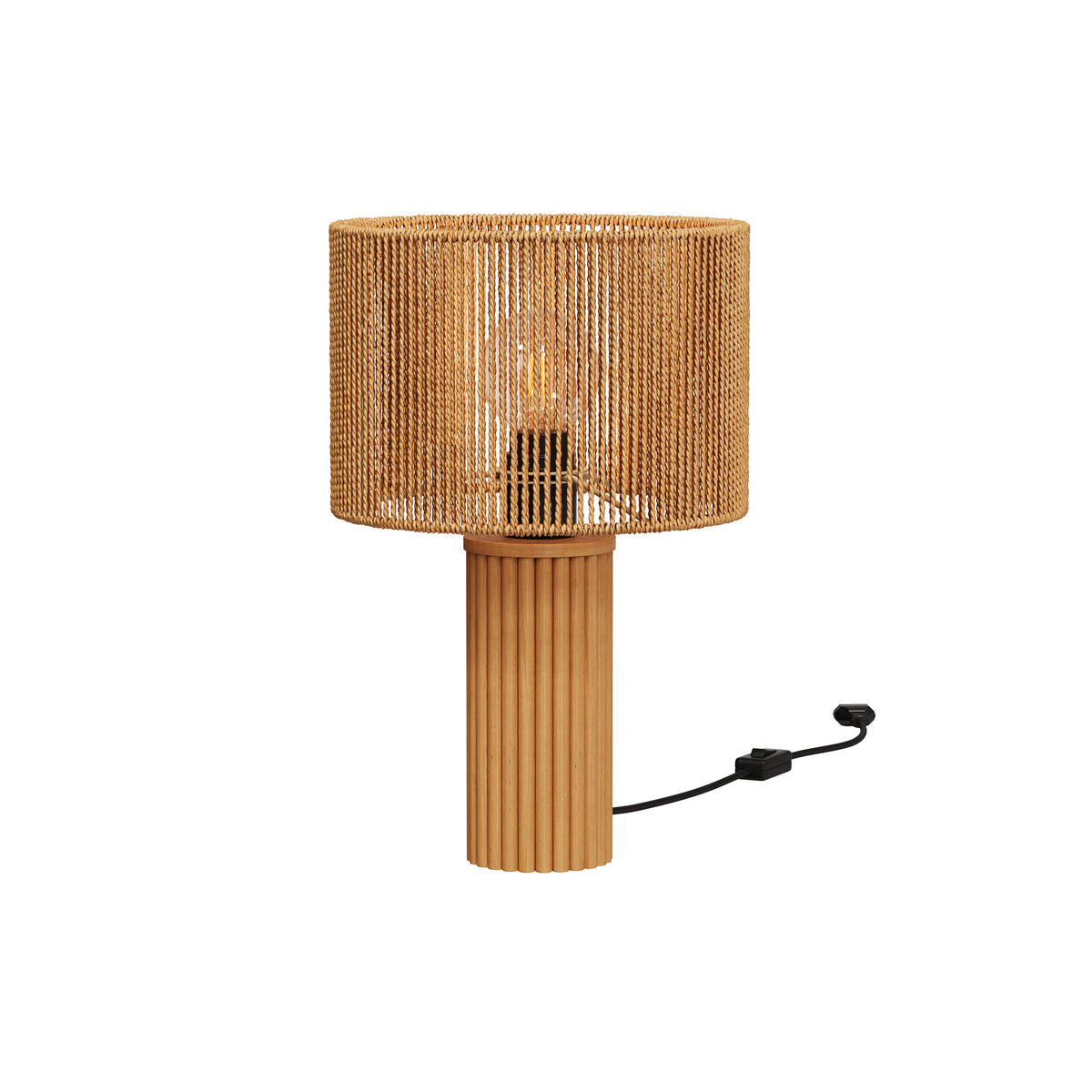 mira lampe en papier de corde et socle en rondin de bois