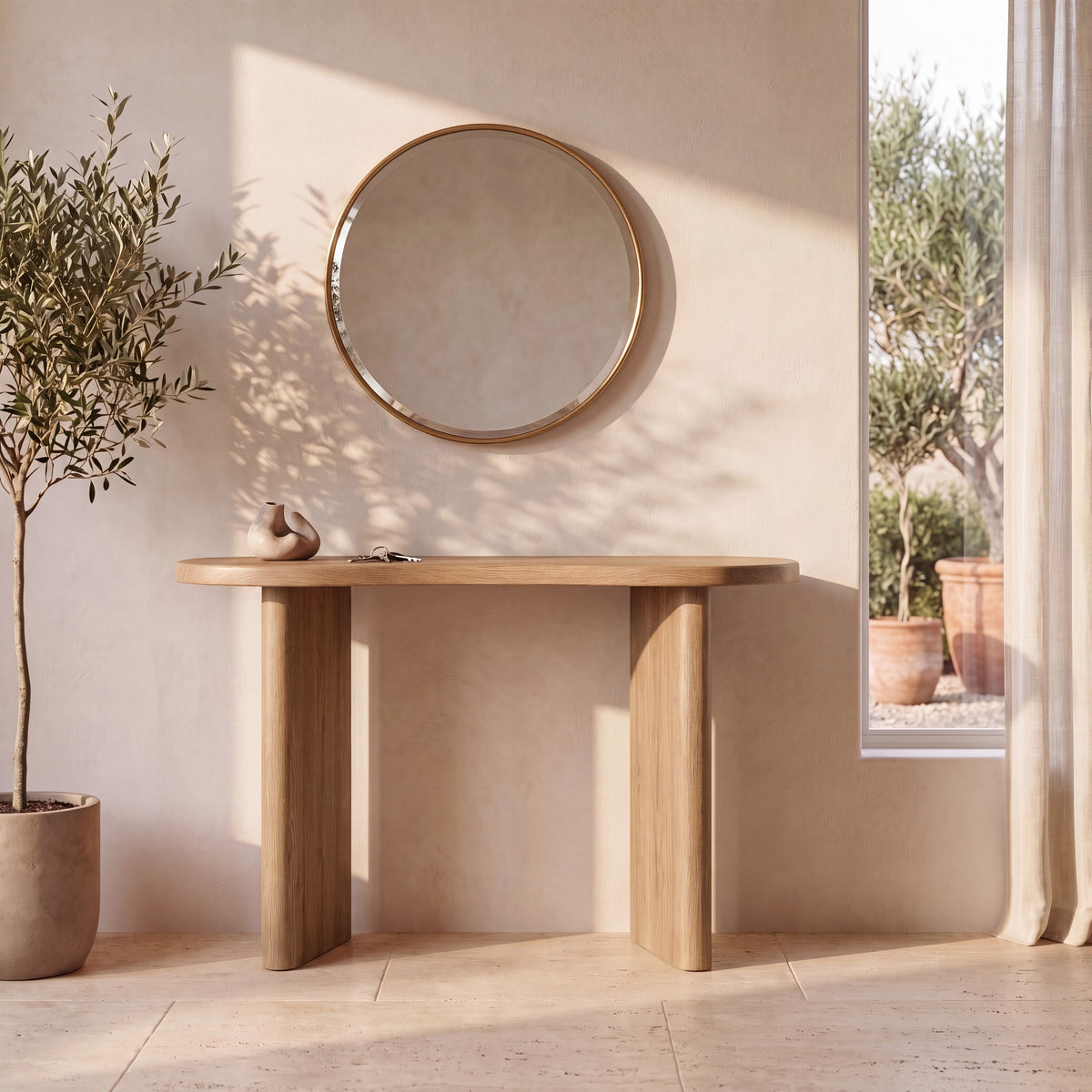 Miroir rond et console en bois massif de mindi – Maison Pavane