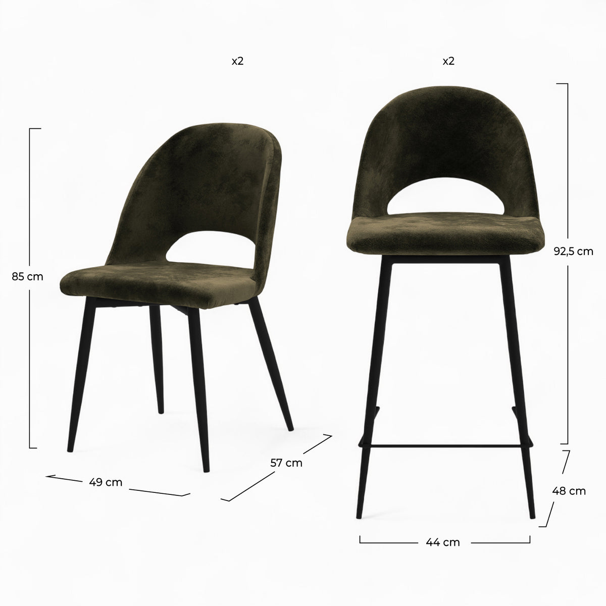 mobilier penelope velours vert 2 chaises 2 bar 65cm